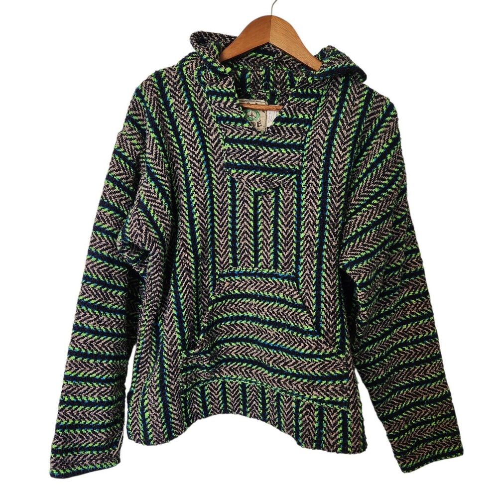 Vintage Baja Joe Green Blue Black Gray Striped Mexican Poncho Hoodie Size L